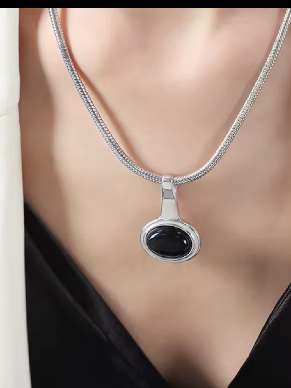 Silver Plated Necklace with Black Oval Pendant - Elegant Women's Jewelry